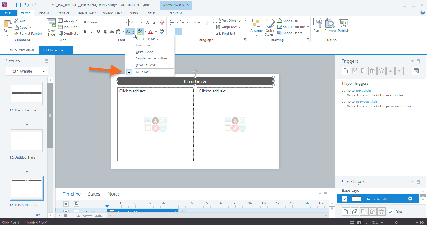 How to use "all caps" in the master slide Articulate Storyline